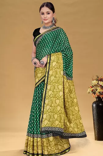 Hand block print with hevay zari bodar sarees