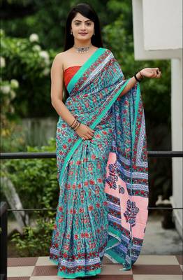 Ajrakh fancy hand block mulmul cotton sarees 1