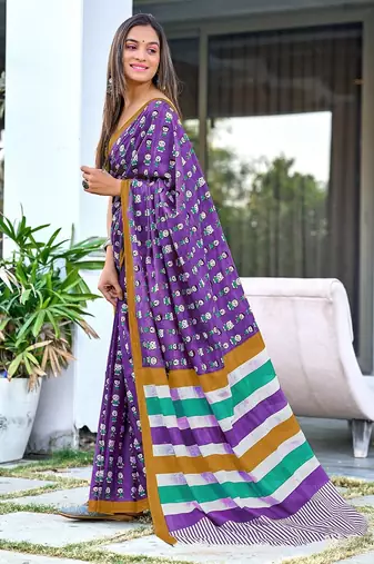 Cartoon hand block mulmul cotton sarees