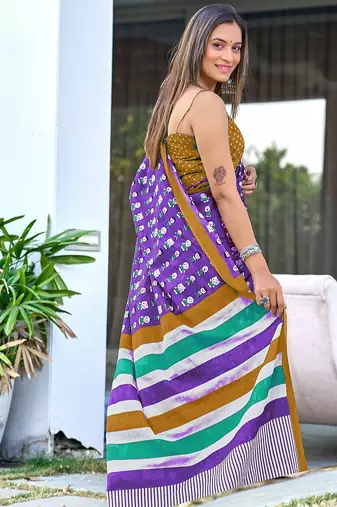 Cartoon hand block mulmul cotton sarees