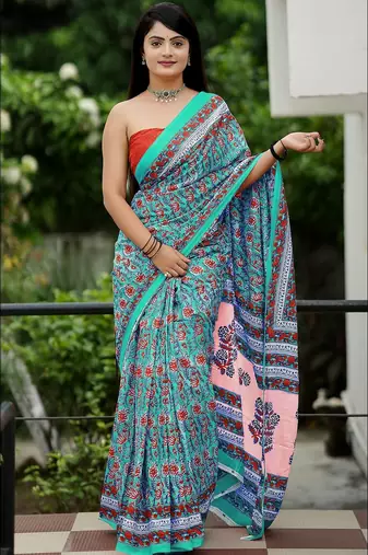 Ajrakh fancy hand block mulmul cotton sarees