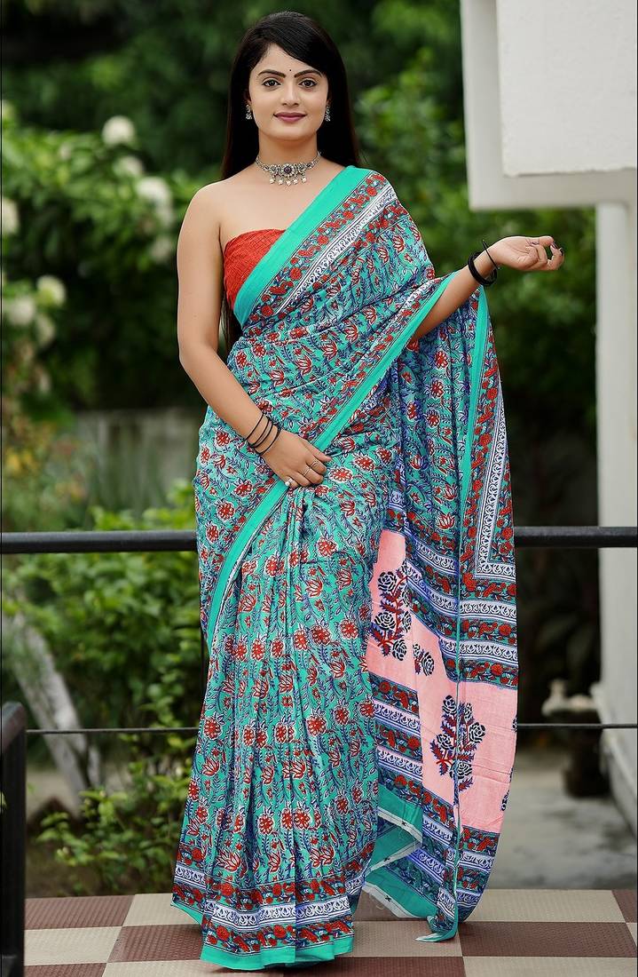 Ajrakh fancy hand block mulmul cotton sarees