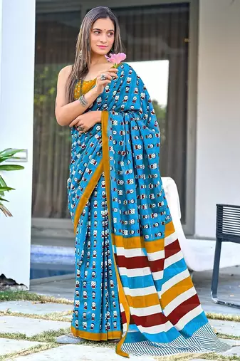 Cartoon hand block mulmul cotton sarees