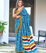 Cartoon hand block mulmul cotton sarees