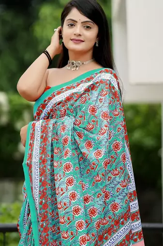 Ajrakh fancy hand block mulmul cotton sarees