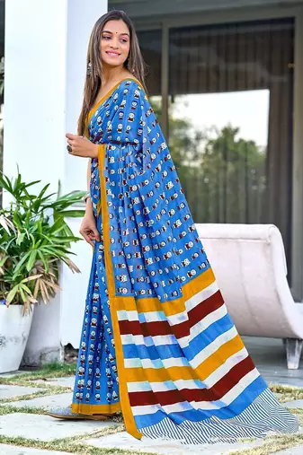 Cartoon hand block mulmul cotton sarees