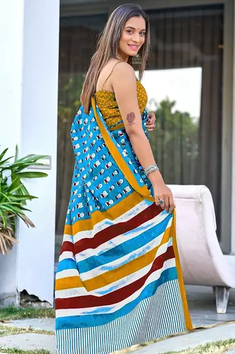 Cartoon hand block mulmul cotton sarees