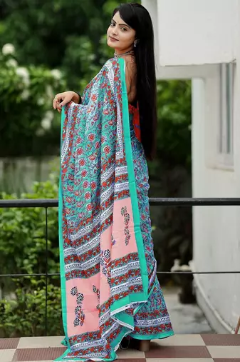 Ajrakh fancy hand block mulmul cotton sarees