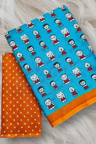 Cartoon hand block mulmul cotton sarees