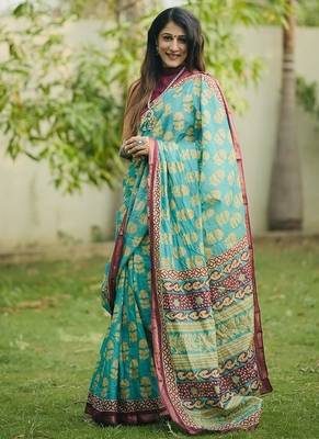 Hand block print with hevay zari bodar sarees 1