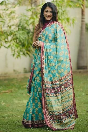 Hand block print with hevay zari bodar sarees
