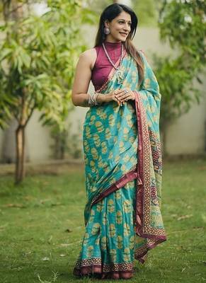 Hand block print with hevay zari bodar sarees 3