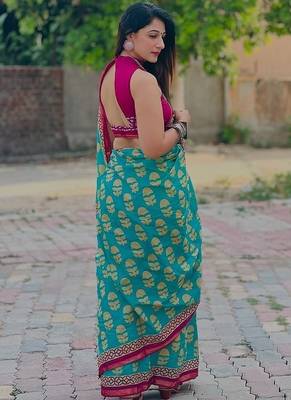 Hand block print with hevay zari bodar sarees 4