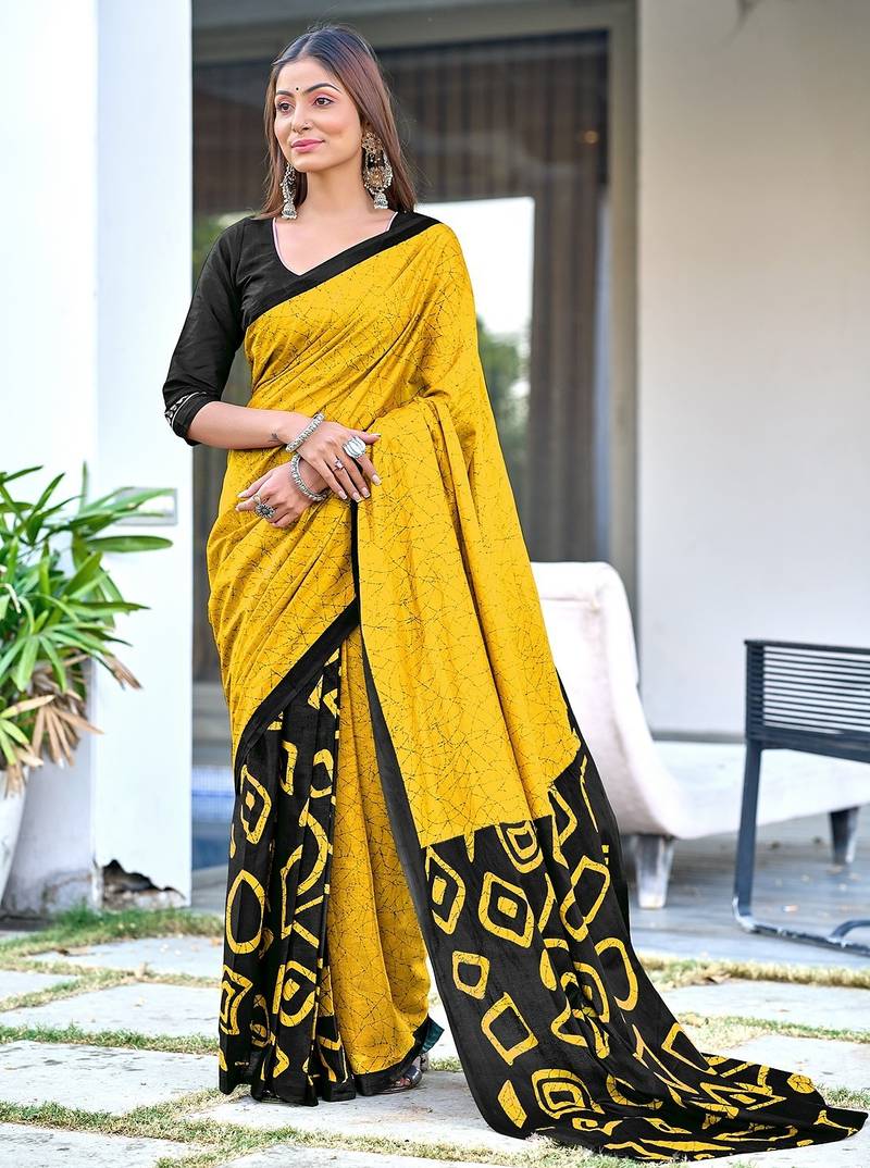 Batik style fancy hand block mulmul cotton sarees