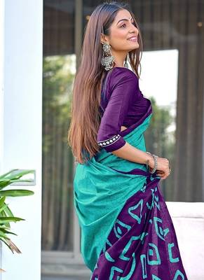 Batik style fancy hand block mulmul cotton sarees 4