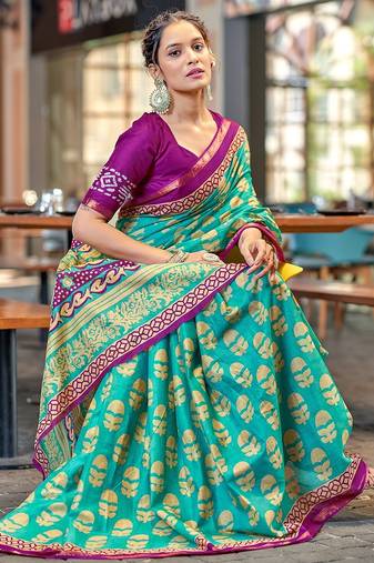 Hand block print with hevay zari bodar sarees