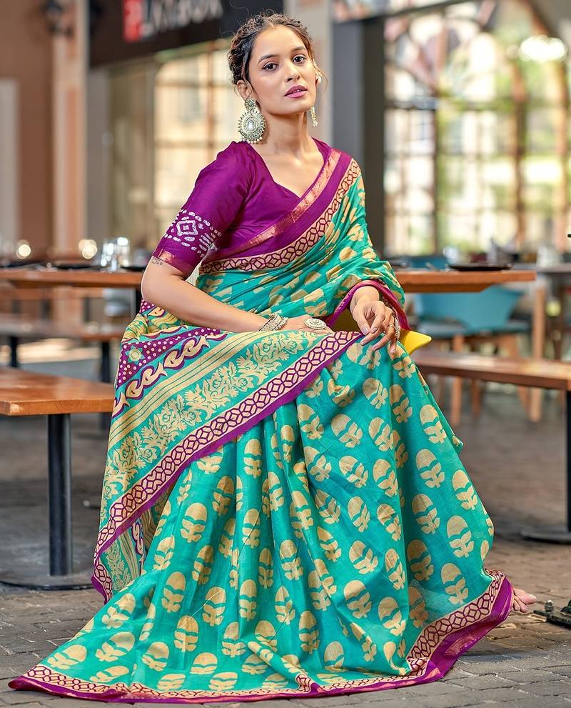 Hand block print with hevay zari bodar sarees