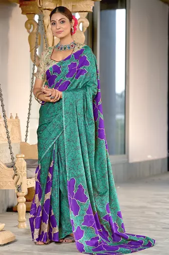 Hand block printed cotton mul saree with blouse