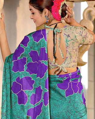 Hand block printed cotton mul saree with blouse 2
