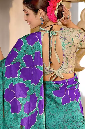 Hand block printed cotton mul saree with blouse