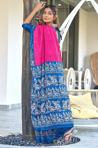 Hand batik print mulmul cotton sarees