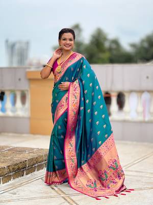 Turquoise  Color Meenakari weawing  border Pethani silk saree 1