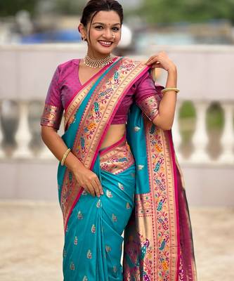 Turquoise  Color Meenakari weawing  border Pethani silk saree 2