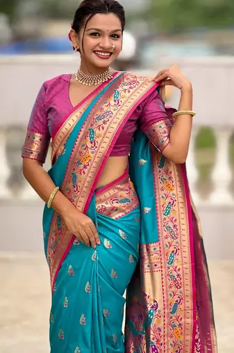 Turquoise  Color Meenakari weawing  border Pethani silk saree