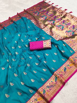 Turquoise  Color Meenakari weawing  border Pethani silk saree 3