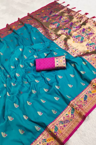 Turquoise  Color Meenakari weawing  border Pethani silk saree