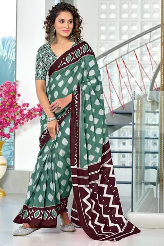 Hand block printed cotton mul saree with blouse