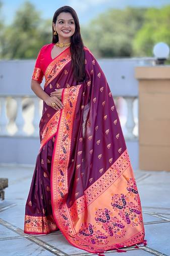 Maroon  Color Meenakari weawing  border Pethani silk saree