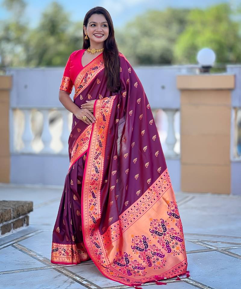 Maroon  Color Meenakari weawing  border Pethani silk saree