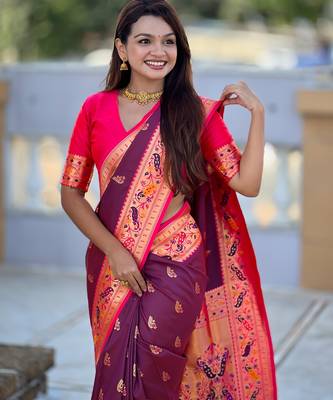 Maroon  Color Meenakari weawing  border Pethani silk saree 2