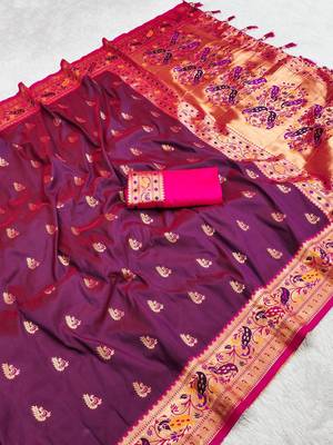 Maroon  Color Meenakari weawing  border Pethani silk saree 3