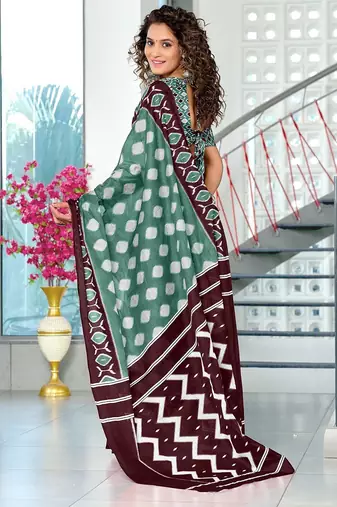 Hand block printed cotton mul saree with blouse