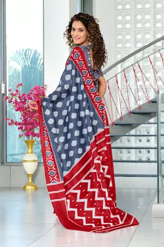 Hand block printed cotton mul saree with blouse