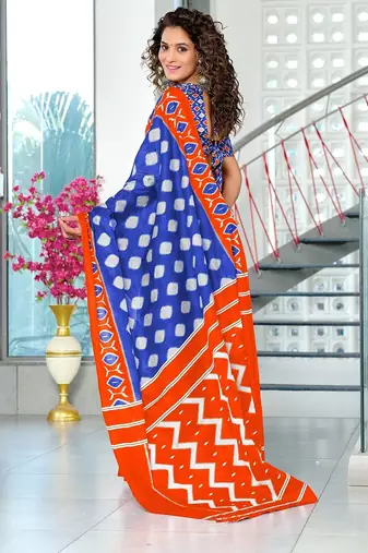 Hand block printed cotton mul saree with blouse