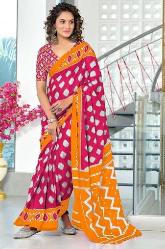 Hand block printed cotton mul saree with blouse