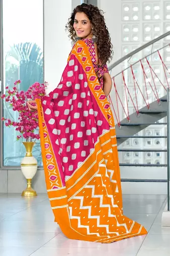 Hand block printed cotton mul saree with blouse