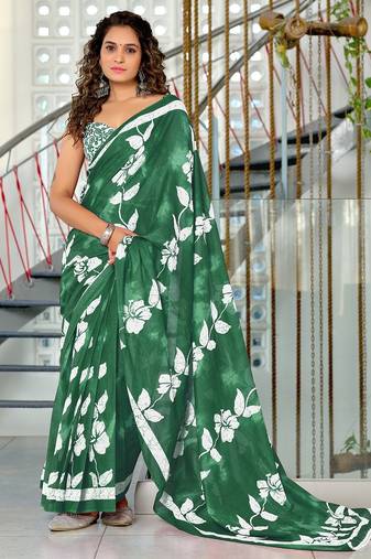 Hand block printed cotton mul saree with blouse