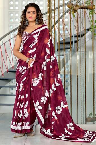 Hand block printed cotton mul saree with blouse