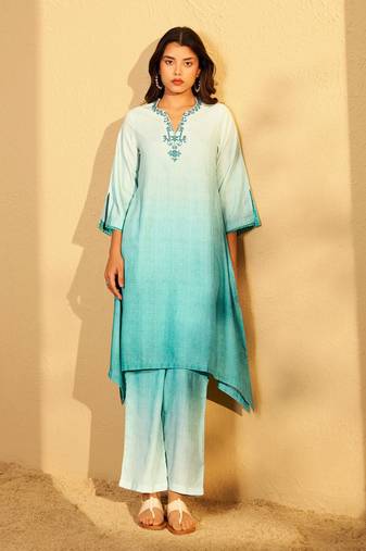 Aqua blue ombre embroidered kurta set