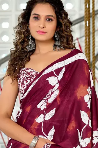 Hand block printed cotton mul saree with blouse
