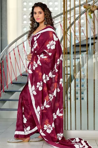 Hand block printed cotton mul saree with blouse