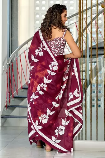 Hand block printed cotton mul saree with blouse