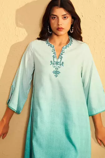 Aqua blue ombre embroidered kurta set