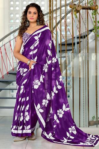 Hand block printed cotton mul saree with blouse