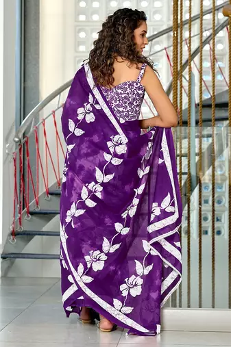 Hand block printed cotton mul saree with blouse