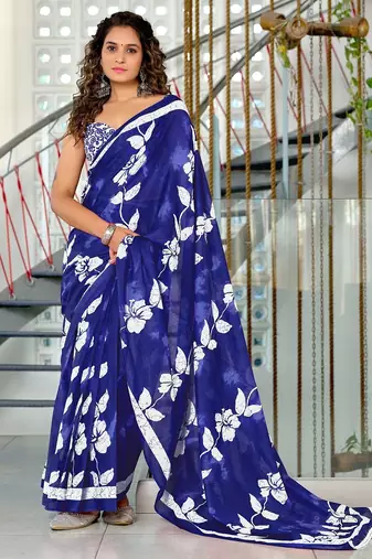Hand block printed cotton mul saree with blouse